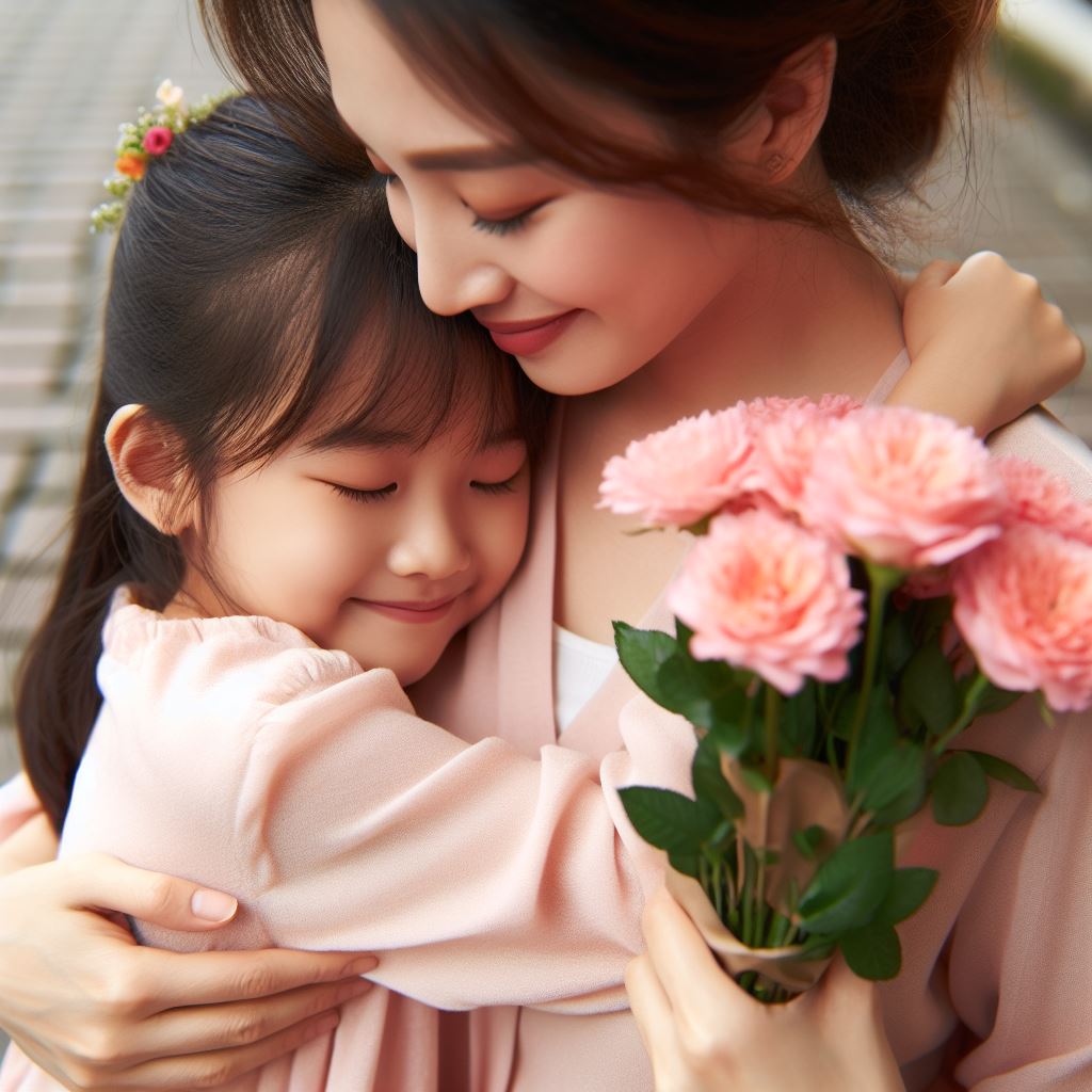 A close-up image of a child giving their mom a flower or a hug.
